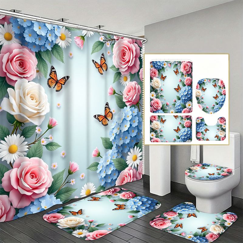 Home Bathroom Remodel - Rose Hydrangea Butterfly Border Bathroom 4pcs