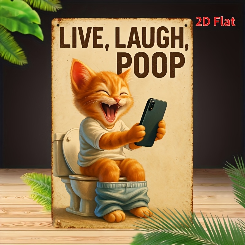 Home Bathroom Sign - Funny Cat on Toilet Metal Wall